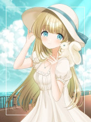 Rule 34 | 1girl, animal, animal on shoulder, arms up, blonde hair, blue eyes, blue sky, blunt bangs, breasts, cloud, commentary, day, dress, english commentary, hand on headwear, hat, jewelry, kompeitou (lemon garden), lens flare, light blush, light smile, long hair, looking at viewer, necklace, ocean, original, outdoors, puffy short sleeves, puffy sleeves, railing, short sleeves, sky, small breasts, solo, squirrel, standing, sun hat, sundress, upper body, very long hair, white dress