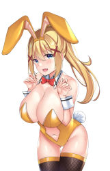Rule 34 | 1girl, alternate costume, animal ears, black thighhighs, blackheartxiii, blonde hair, blue eyes, blush, bow, bowtie, breasts, breasts squeezed together, cleavage, clothing cutout, cowboy shot, darkness (konosuba), detached collar, fake animal ears, fake tail, fang, gluteal fold, hair ornament, highres, kono subarashii sekai ni shukufuku wo!, leaning forward, leotard, long hair, looking at viewer, midriff, navel, navel cutout, open mouth, playboy bunny, ponytail, rabbit ears, rabbit tail, red bow, red bowtie, simple background, solo, sweat, tail, thigh gap, thighhighs, thighs, white background, wrist cuffs
