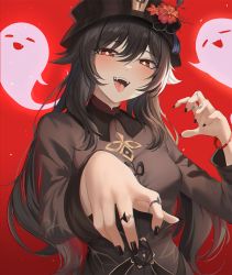 Rule 34 | 1girl, bad id, bad pixiv id, black coat, black hat, blush, breasts, brown hair, claw pose, coat, flower, genshin impact, ghost, hat, hat flower, hu tao (genshin impact), jewelry, long hair, long sleeves, looking at viewer, oni kanzei, open mouth, plum blossoms, red background, red eyes, ring, small breasts, smile, symbol-shaped pupils, tongue, tongue out, twintails, very long hair