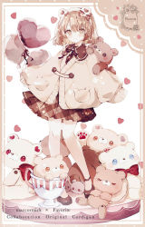 Rule 34 | 1girl, animal ears, balloon, bear ears, blush, bow, brown bow, brown cardigan, brown eyes, brown footwear, brown hair, brown shirt, brown skirt, cardigan, closed mouth, collared shirt, commentary request, cup, fake animal ears, full body, hair bow, hairband, heart balloon, kotamun, long sleeves, looking at viewer, original, pantyhose, plaid, plaid skirt, pleated skirt, puffy long sleeves, puffy sleeves, shirt, shoes, skirt, sleeves past wrists, smile, solo, standing, star (symbol), stuffed animal, stuffed toy, teddy bear, white hairband, white pantyhose