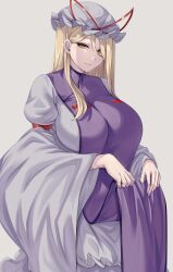 Rule 34 | 1girl, blonde hair, breasts, commentary request, dress, frilled dress, frilled hat, frills, hair between eyes, hat, highres, large breasts, lifted by self, long hair, looking at viewer, mirufui, mob cap, purple dress, smile, solo, touhou, upper body, white dress, white hat, white sleeves, wide sleeves, yakumo yukari
