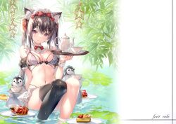 Rule 34 | 1girl, absurdres, animal, animal ear fluff, animal ears, apron, arm support, bare shoulders, bird, black hair, blush, breasts, cake, cake slice, cat ears, cat girl, closed mouth, food, frills, fruit, hair ornament, hairclip, highres, holding, leaf, long hair, looking at viewer, maid headdress, medium breasts, miwabe sakura, mole, mole under eye, navel, original, partially submerged, pastry, penguin, plate, puffy short sleeves, puffy sleeves, purple eyes, ribbon, scan, shiny skin, short sleeves, simple background, single thighhigh, sitting, stomach, strawberry, teapot, tearing up, thighhighs, thighs, tray, twintails, waist apron, water, water drop, wet, wet clothes, wrist cuffs