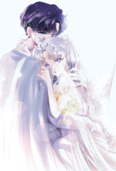 Rule 34 | 1boy, 1girl, absurdres, arm around back, back bow, bare shoulders, bishoujo senshi sailor moon, black hair, blue eyes, bow, cape, chiba mamoru, couple, crescent, crescent facial mark, detached sleeves, dolcexxx, double bun, dress, earrings, facial mark, forehead mark, grey cape, grey hair, hair bun, hetero, highres, hug, jewelry, long hair, looking at viewer, neo queen serenity, parted bangs, short hair, short sleeves, tiara, tsukino usagi, twintails, twitter username, very long hair, white background, white dress
