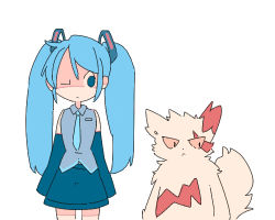 Rule 34 | 1girl, :&lt;, ;|, aqua necktie, arms at sides, bad id, bad pixiv id, bare shoulders, blue eyes, blue hair, blue skirt, closed mouth, cowboy shot, creatures (company), crossover, detached sleeves, flat color, game freak, gen 3 pokemon, grey shirt, hair ornament, hatsune miku, koukou (climacool), long hair, looking at another, looking away, looking to the side, lowres, necktie, nintendo, no nose, one eye closed, pokemon, pokemon (creature), shaded face, shirt, simple background, skirt, sleeves past wrists, swept bangs, twintails, vocaloid, white background, zangoose
