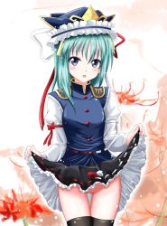 Rule 34 | 1girl, asymmetrical hair, black thighhighs, blue eyes, cleft of venus, clothes lift, flower, green hair, groin, hat, hat ribbon, highres, juliet sleeves, long sleeves, looking at viewer, no panties, open mouth, puffy sleeves, pussy, reimei (r758120518), ribbon, shiki eiki, shirt, skirt, skirt lift, solo, spider lily, tears, thigh gap, thighhighs, touhou, uncensored, uniform