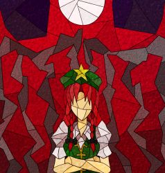 Rule 34 | 1girl, bad id, bad pixiv id, crossed arms, faux traditional media, female focus, hong meiling, koutyousan, solo, stained glass, touhou