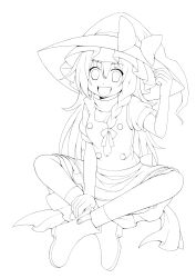 Rule 34 | 1girl, boots, braid, eichi yuu, greyscale, hat, highres, indian style, kirisame marisa, lineart, long hair, monochrome, open mouth, single braid, sitting, smile, solo, touhou, very long hair, witch hat