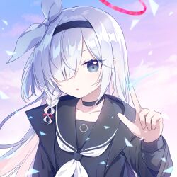 Rule 34 | 1girl, black choker, black hairband, black jacket, black shirt, blue archive, blue sky, braid, choker, cloud, cloudy sky, collarbone, collared jacket, gradient sky, grey eyes, hair over one eye, hair ribbon, hairband, halo, hand up, highres, index finger raised, jacket, kaoling, long hair, long sleeves, looking at viewer, neckerchief, open clothes, open jacket, open mouth, outdoors, pink sky, plana (blue archive), puffy long sleeves, puffy sleeves, ribbon, sailor collar, shirt, single braid, sky, solo, sparkle, upper body, white hair, white neckerchief, white ribbon, wide sleeves