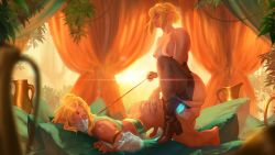 Rule 34 | 1boy, 1girl, absurdres, blonde hair, boots, breasts, bridal gauntlets, caio santos, circlet, clothed sex, crossdressing, curtains, detached sleeves, dildo, erection, femdom, gerudo set (zelda), hetero, highres, leash, leash pull, lens flare, link, lying, medium breasts, nintendo, nipples, on stomach, pegging, penis, pillow, plant, pointy ears, princess zelda, prone bone, sex, sex from behind, sex toy, short hair, smile, strap-on, sunset, the legend of zelda, the legend of zelda: breath of the wild, thighhighs, trap, veil