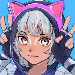 Rule 34 | 1girl, animal ears, animification, anono, apex legends, black hoodie, blue background, cat ears, character name, conduit (apex legends), double v, fake animal ears, freckles, grey eyes, grey hair, highres, hood, hood up, hoodie, looking at viewer, official alternate costume, player one conduit, portrait, short hair, smile, solo, twitter username, v