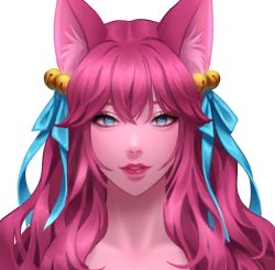 Rule 34 | 1girl, ahri (league of legends), animal ear fluff, animal ears, bell, breasts, collarbone, facial mark, fox ears, green eyes, green ribbon, hair bell, hair ornament, hair ribbon, league of legends, long hair, looking at viewer, parted lips, portrait, ribbon, sella 423, simple background, smile, solo, spirit blossom (league of legends), spirit blossom ahri, teeth, white background