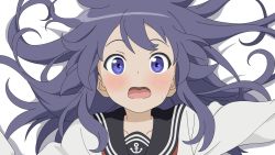 Rule 34 | 1girl, :o, akatsuki (kancolle), anchor symbol, black sailor collar, blush, close-up, commentary request, kantai collection, long hair, looking at viewer, lying, neckerchief, on back, open mouth, purple eyes, purple hair, red neckerchief, sailor collar, school uniform, serafuku, shirt, simple background, solo, sugapi, sweatdrop, white background, white shirt