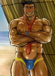 Rule 34 | 1boy, abs, bara, beach, cigarette, ace attorney, highres, dick gumshoe, male focus, muscular, necktie, presenting, topless male, smile, solo, sweat, underwear, undressing, waribashi