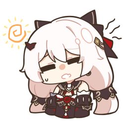 Rule 34 | 1girl, bare shoulders, bat hair ornament, black bow, black collar, black dress, black sleeves, bow, chibi, chibi only, chinese commentary, closed eyes, collar, commentary request, cropped torso, detached sleeves, dress, earrings, flower, hair between eyes, hair bow, hair ornament, honkai (series), honkai impact 3rd, jewelry, long hair, low twintails, multiple hair bows, open mouth, red flower, red rose, rose, simple background, solo, sun, sweatdrop, theresa apocalypse, theresa apocalypse (luna kindred), theresa apocalypse (lunar vow: crimson love), twintails, white background, white hair, youtho