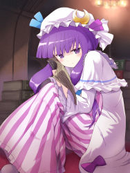 Rule 34 | 1girl, book, crescent, dress, female focus, highres, long hair, nichiki, patchouli knowledge, purple eyes, purple hair, sitting, solo, striped clothes, striped dress, touhou