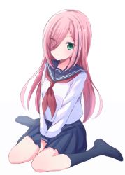 Rule 34 | 1girl, between legs, black socks, blue sailor collar, blue skirt, blush, breasts, closed mouth, commentary request, eyes visible through hair, full body, green eyes, hair over one eye, hand between legs, kneehighs, long hair, long sleeves, looking at viewer, neckerchief, no shoes, original, pink hair, pleated skirt, red neckerchief, sailor collar, school uniform, serafuku, shirt, simple background, sitting, skirt, small breasts, socks, solo, suzume anko, very long hair, wariza, white background, white shirt