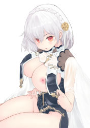 Rule 34 | 1girl, azur lane, bare hips, between breasts, blush, braid, breast curtain lift, breast curtains, breasts, brown flower, brown rose, china dress, chinese clothes, cleavage, clothes lift, covered erect nipples, dress, flower, hair between eyes, hair flower, hair ornament, highres, large breasts, legs together, neckwear between breasts, nipples, pelvic curtain, pelvic curtain lift, red eyes, revealing clothes, rose, see-through, see-through sleeves, short hair, silver hair, sirius (azur lane), sirius (azure horizons) (azur lane), smile, solo, strap between breasts, thighs, triangle mouth, white background