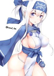 Rule 34 | &gt;:o, 10s, 1girl, :o, ainu clothes, bandana, blue eyes, blush, breasts, cowboy shot, cropped jacket, dress, folded ponytail, from side, hair between eyes, headband, henet hene, kamoi (kancolle), kantai collection, large breasts, long hair, long sleeves, looking at viewer, looking to the side, pelvic curtain, sideboob, sidelocks, simple background, sleeveless, sleeveless dress, solo, thick eyebrows, thighs, twitter username, v-shaped eyebrows, white background, white dress, white hair, wrist guards