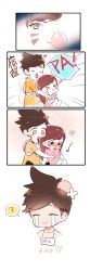 Rule 34 | 2girls, 4koma, barefoot, blush, grabbing another&#039;s breast, breast hold, breasts, brown eyes, brown hair, blowing bubbles, chest harness, chewing gum, comic, d.va (overwatch), eyebrows, facepaint, facial mark, freckles, full-face blush, grabbing, harness, head bump, highres, hug, hug from behind, long hair, multiple girls, overwatch, overwatch 1, pink shirt, shell (shell518), shirt, short sleeves, shorts, sitting, spiked hair, strap, surprised, sweatdrop, tracer (overwatch), waking up, whisker markings, yellow shirt, yuri