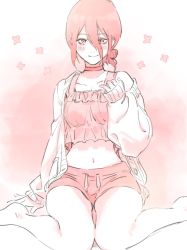 Rule 34 | 1girl, blush, cardigan, chainsaw man, choker, collarbone, crop top, hair tied, hamident83hami, hmng, long hair, midriff, monochrome, pastel (medium), pastel colors, reze (chainsaw man), shorts, simple background, sitting, smile, solo, thighs, thighs together