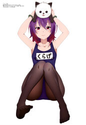 Rule 34 | 1girl, absurdres, animal, aoba kurage, arms up, beads, breasts, cat, gradient hair, highres, knees together feet apart, magazine scan, megami magazine, multicolored hair, nyagosuke, official art, pantyhose, pantyhose under swimsuit, purple hair, red hair, scan, school swimsuit, simple background, small breasts, swimsuit, temple (series), thighs, white background