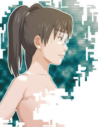 Rule 34 | 00s, amasawa yuuko, bare shoulders, brown eyes, brown hair, censored, dennou coil, glasses, glitch, glitch censor, nude, ranmaru, solo, twintails