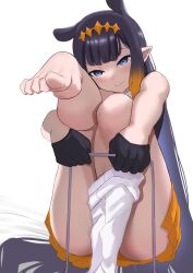 Rule 34 | 1girl, ass, barefoot, black gloves, blue eyes, blunt bangs, dress, feet, foot focus, gloves, gradient hair, hashtag-only commentary, highres, hololive, hololive english, long hair, looking at viewer, loose thighhigh, mole, mole under eye, multicolored hair, ninomae ina&#039;nis, ninomae ina&#039;nis (1st costume), orange hair, plantar flexion, pointy ears, presenting foot, purple hair, redi (rasec asdjh), sidelocks, single thighhigh, sitting, smile, solo, strapless, strapless dress, tentacle hair, thighhighs, thighs, toes, tube dress, very long hair, virtual youtuber