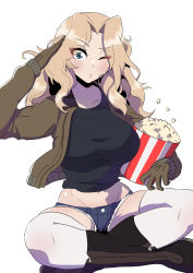 Rule 34 | 1girl, ;o, absurdres, black footwear, black gloves, black shirt, blonde hair, blue eyes, blue shorts, boots, brown jacket, commentary, cutoffs, denim, denim shorts, food, girls und panzer, gloves, hair intakes, highres, holding, indian style, jacket, kay (girls und panzer), long hair, long sleeves, looking at viewer, midriff, military, military uniform, navel, one eye closed, open clothes, open jacket, popcorn, puckered lips, salute, saunders military uniform, shirt, short shorts, shorts, simple background, sitting, solo, tenpura32200, thighhighs, uniform, white background, white thighhighs