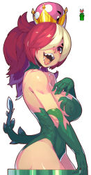 Rule 34 | 1girl, absurdres, bare shoulders, breasts, cleavage, cowboy shot, crown, fengmo, from side, gloves, green gloves, green leotard, hair over one eye, highleg, highleg leotard, highres, large breasts, leaf, leotard, long hair, looking at viewer, mario (series), monster girl, multicolored hair, new super mario bros. u deluxe, nintendo, open mouth, smoking pipe, piranha plant, plant girl, ponytail, red eyes, red hair, sharp teeth, simple background, smile, solo, streaked hair, super crown, teeth, tongue, tongue out, white background, white hair