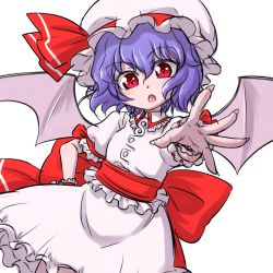 Rule 34 | 1girl, :o, bat wings, fang, hand on own hip, hanya (hanya yashiki), hat, looking at viewer, open mouth, purple hair, red eyes, remilia scarlet, short hair, simple background, sketch, skirt, slit pupils, solo, touhou, white background, wings, wrist cuffs
