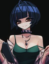 Rule 34 | 1girl, antenna hair, bare shoulders, black background, blue hair, blunt bangs, blurry, breasts, camisole, cleavage, clipboard, closed mouth, coat, collar, collarbone, commentary, dark blue hair, eyebrows hidden by hair, eyes visible through hair, green camisole, half-closed eyes, hands up, holding, holding clipboard, holding pen, jewelry, lab coat, long sleeves, looking at viewer, makaroll, medium breasts, necklace, off shoulder, open clothes, open coat, pen, pendant, persona, persona 5, shaded face, short hair, simple background, smile, solo, spaghetti strap, split mouth, straight-on, strap slip, studded collar, takemi tae, thick eyelashes, upper body