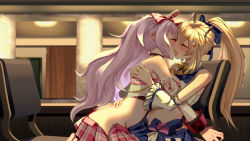 Rule 34 | 2girls, ayanami (azur lane), ayanami (low-key idol @confused) (azur lane), azur lane, blonde hair, blue bow, bow, butt crack, closed eyes, detached sleeves, french kiss, hair bow, headgear, highres, indoors, kiss, laffey (azur lane), laffey (bunny idol @unmotivated) (azur lane), long hair, midriff, monobe yuri, multiple girls, navel, open clothes, open skirt, pink hair, ponytail, saliva, skirt, tongue, tongue out, yuri