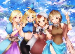Rule 34 | 4girls, bahamut lagoon, blonde hair, blue eyes, breasts, character request, closed mouth, cloud, collaboration, dragon, dress, ecatrina, floating island, gloves, hat, jewelry, joy (bahamut lagoon), long hair, looking at viewer, medium hair, multiple girls, open mouth, pointy ears, short hair, smile, star (symbol), v, zunko