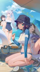 Rule 34 | 4girls, absurdres, bag, beach, bikini, black hair, blue archive, blue one-piece swimsuit, blue sky, breasts, brown hair, bucket hat, closed mouth, cloud, cloudy sky, coconut, day, duffel bag, flower, green eyes, halo, hat, highres, kneeling, knees up, large breasts, lifebuoy, long hair, looking at viewer, lying, map, medium hair, miyako (blue archive), miyako (swimsuit) (blue archive), miyu (blue archive), miyu (swimsuit) (blue archive), moe (blue archive), moe (swimsuit) (blue archive), multiple girls, navel, on back, one-piece swimsuit, open mouth, outdoors, ponytail, purple eyes, rabbit platoon (blue archive), red eyes, ren huozhe, saki (blue archive), saki (swimsuit) (blue archive), sandals, shade, sitting, sky, sleeping, smile, standing, straw hat, swim ring, swimsuit, umbrella, underboob, white flower, white hair