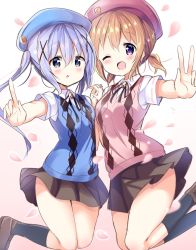 Rule 34 | 2girls, black skirt, black socks, blouse, blue eyes, blue hair, blue hat, blue sweater vest, blue vest, blush, brown footwear, cherry blossoms, chestnut mouth, collared shirt, eyes visible through hair, floating hair, gochuumon wa usagi desu ka?, hair between eyes, hair ornament, hand grab, hat, highres, holding hands, hoto cocoa, index finger raised, interlocked fingers, kafuu chino, kneehighs, layered clothes, legs together, legs up, loafers, long hair, miniskirt, multiple girls, outstretched arm, pink hair, pink hat, pink sweater vest, pink vest, pleated skirt, purple eyes, shirt, shoes, short sleeves, short twintails, single thighhigh, sketch, skirt, socks, split mouth, sweater vest, thighhighs, twintails, v, v-neck, vest, white shirt, x hair ornament