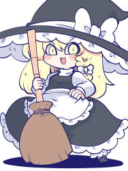Rule 34 | 1girl, :d, apron, back bow, black footwear, black hat, black skirt, black vest, blonde hair, blush, bow, braid, broom, chahan (fried rice0614), chibi, commentary, frilled apron, frilled hat, frilled skirt, frills, full body, hair bow, hand on own hip, hat, hat bow, highres, holding, holding broom, kirisame marisa, long hair, long sleeves, looking at viewer, mary janes, open mouth, puffy sleeves, shadow, shirt, shoes, side braid, simple background, single braid, skirt, skirt set, smile, socks, solo, standing, touhou, turtleneck, vest, waist apron, white apron, white background, white bow, white shirt, witch hat, yellow eyes
