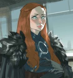 Rule 34 | a song of ice and fire, absurdres, blue eyes, cape, fur, game of thrones, gloves, highres, long hair, ramon nunez, red hair, sansa stark, solo