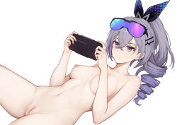 Rule 34 | 1girl, breasts, collarbone, drill hair, grey eyes, grey hair, handheld game console, highres, holding, holding handheld game console, honkai: star rail, honkai (series), lying, medium breasts, navel, nipples, nude, on back, ponytail, pussy, silver wolf (honkai: star rail), simple background, solo, stomach, thighs, white background, yunkaiming