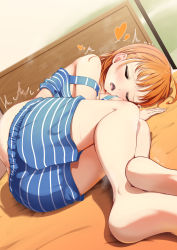 Rule 34 | 1girl, ahoge, amagi (volfuji), bed, blue shorts, blue tank top, blush, clothes pull, dutch angle, closed eyes, feet, heart, highres, legs together, love live!, love live! sunshine!!, lying, on bed, on side, orange hair, pajamas, shaking, short hair, shorts, shorts pull, smile, solo, steam, strap slip, striped, takami chika, tank top