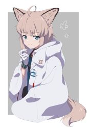 Rule 34 | 1girl, ahoge, animal ears, arknights, black choker, black wristband, blue eyes, blue shirt, border, brown hair, choker, coat, fox ears, fox girl, fox tail, gloves, grey background, highres, hood, hood down, hooded coat, id card, infection monitor (arknights), looking at viewer, material growth, minowa sukyaru, open clothes, open coat, oripathy lesion (arknights), outside border, shirt, short hair, simple background, smile, solo, sussurro (arknights), tail, upper body, white border, white coat, white gloves
