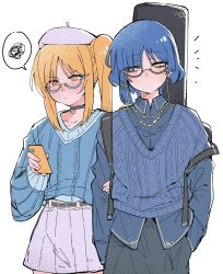 Rule 34 | 2girls, belt, beret, blonde hair, blue hair, blue shirt, blue sweater, blush, bocchi the rock!, cellphone, chinese commentary, choker, closed mouth, collarbone, collared shirt, commentary request, glasses, gold necklace, grey belt, grey choker, grey skirt, guitar case, hair between eyes, hair ornament, hairclip, hand in pocket, hand up, hat, highres, holding, holding phone, ijichi nijika, instrument case, jewelry, kakult2017, long hair, long sleeves, looking at another, looking at phone, mole, mole under eye, multiple girls, necklace, orange eyes, phone, pink skirt, pocket, ponytail, puffy long sleeves, puffy sleeves, purple headwear, semi-rimless eyewear, shirt, short hair, side ponytail, sidelocks, simple background, skirt, smartphone, speech bubble, standing, sweater, v-shaped eyebrows, white background, yamada ryo, yellow eyes
