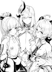 Rule 34 | 3girls, ahoge, ayaka (genshin impact), bare shoulders, bell, blunt bangs, blush, bodystocking, bodysuit, braid, breasts, breasts out, bridal gauntlets, clothes pull, detached sleeves, dress, elbow gloves, ganyu (genshin impact), genshin impact, gloves, greyscale, hair ornament, hair over one eye, highres, horns, jewelry, large breasts, long hair, long sleeves, looking at viewer, low-braided long hair, low-tied long hair, medium breasts, monochrome, multiple girls, neck ring, nipples, open clothes, open shirt, partially fingerless gloves, ponytail, puffy long sleeves, puffy sleeves, shenhe (genshin impact), short sleeves, sidelocks, small breasts, tabard, tassel, upanishi mariko, very long hair
