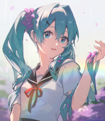 Rule 34 | 1girl, aqua eyes, blue eyes, bow, commentary, english commentary, flower, hair between eyes, hair ornament, hair over shoulder, hairclip, hanamoto410, hand up, hatsune miku, highres, long hair, looking at viewer, open hand, parted lips, rain, rainbow, red bow, sailor collar, sailor shirt, shirt, short sleeves, smile, solo, twintails, upper body, vocaloid, water drop, wet, white shirt