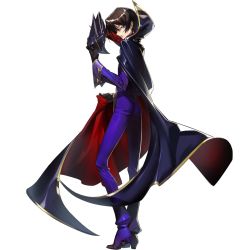 Rule 34 | 1boy, adjusting clothes, black cape, black gloves, brown hair, cape, code geass, code geass: genesic re;code, formal, full body, gloves, high collar, highres, holding, holding mask, lelouch vi britannia, long sleeves, looking at viewer, male focus, mask, official art, pants, profile, purple eyes, purple footwear, purple pants, purple suit, short hair, simple background, standing, suit, white background, zero (code geass)