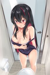 Rule 34 | 1girl, absurdres, alternate breast size, anemone (anemone-re), bathroom, black hair, blush, breasts, cleavage, collarbone, colored eyelashes, colored inner hair, covered navel, embarrassed, genderswap, genderswap (mtf), hair between eyes, highres, long hair, medium breasts, multicolored hair, open mouth, pink hair, red eyes, ren (witch&#039;s weapon), school swimsuit, shadow, solo, standing, strap pull, swimsuit, tile floor, tiles, toilet, toilet paper, very long hair, witch&#039;s weapon