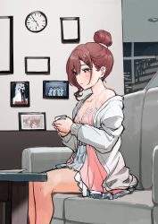 Rule 34 | 1girl, absurdres, alternate costume, alternate hairstyle, blush, breasts, brown eyes, brown hair, cardigan, cleavage, clock, collarbone, couch, hair bun, highres, higuchi madoka, idolmaster, idolmaster shiny colors, indoors, lingerie, looking afar, medium breasts, mole, mole under eye, negligee, nonbire, aged up, on couch, photo (object), picture frame, single bare shoulder, single hair bun, sitting, solo, underwear, wavy hair, wedding photo, white cardigan