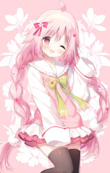 Rule 34 | 1girl, ;d, blush, bow, braid, brown eyes, brown thighhighs, commentary request, feet out of frame, floral background, flower, frilled sailor collar, frills, green bow, hair between eyes, hair bow, hair flower, hair ornament, head tilt, highres, long sleeves, looking at viewer, low twintails, one eye closed, open mouth, original, pink background, pink bow, pink flower, pink hair, pink skirt, pleated skirt, sailor collar, shiratama (shiratamaco), shirt, simple background, skirt, sleeves past fingers, sleeves past wrists, smile, solo, sweater vest, thighhighs, twin braids, twintails, white sailor collar, white shirt