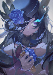 Rule 34 | 1girl, animal ears, black hair, blue hat, collarbone, commentary request, flower, fur collar, hair flower, hair ornament, hair over one eye, hand up, hat, highres, horse ears, light particles, long hair, long sleeves, looking at viewer, off shoulder, one eye covered, potg (piotegu), purple eyes, purple flower, purple hat, rice shower (umamusume), sleeves past wrists, solo, umamusume, upper body