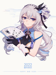 Rule 34 | 1girl, 2022, absurdres, black gloves, bow, bronya zaychik, bronya zaychik (haxxor bunny), china dress, chinese clothes, chinese new year, closed mouth, dress, gloves, grey eyes, grey hair, hair bow, hair ornament, hand fan, highres, holding, holding fan, honkai (series), honkai impact 3rd, looking at viewer, new year, siblings, silence (pixiv18541142), sleeveless, sleeveless dress, smile, twins, white dress