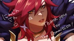 Rule 34 | 1boy, androgynous, artist name, bare shoulders, collarbone, commission, hair between eyes, hair ribbon, league of legends, looking at viewer, medium hair, notice lines, orange eyes, portrait, red hair, ribbon, scar, scar on face, scar on nose, sett (league of legends), solo, teeth, thank you, translation request, tress ribbon, wosashimi